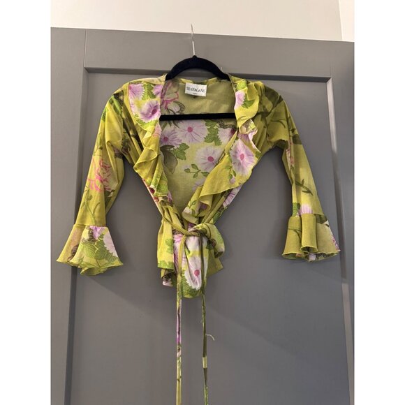 Sharagano Paris Green Floral Ruffled Sheer Wrap Top With Tie Closure Womens Smal - Picture 3 of 7